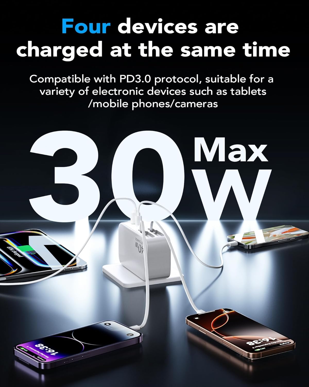 Retractable Cable Wall Charger with 4-Device Output